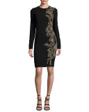 Embellished Long-Sleeve Sheath Dress, Black/Gold
