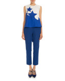 Bold Star-Print High-Low Blouse, Natural White/Blue