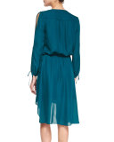 Long-Sleeve Keyhole-Front Dress, Blue Coral