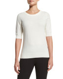 Elbow-Sleeve Jewel-Neck Cashmere Top, White