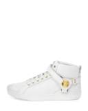 Leather Harness Mid-Top Sneaker with Gold Medallion, White