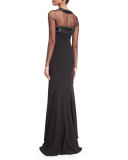 Long-Sleeve Illusion-Neck Beaded-Top Gown 