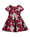 Short-Sleeve Floral Jacquard Pleated Dress, Fuchsia, Size 7-14