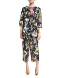 Monkey-Print Cropped Pants, Black