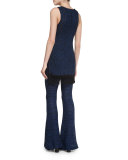 Open-Knit Flare Leg Pants, Black/Cobalt