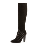 Crystal-Embellished Tall Suede Boot, Black (Noir)