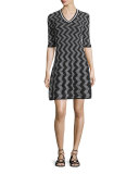 Rod Zigzag Short-Sleeve V-Neck Dress, Black