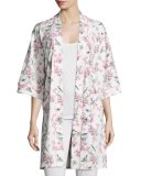 Bird Toile-Print Short Kimono Robe, Blue