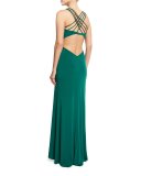 Sleeveless Lattice Cross-Back Column Gown, Forest