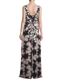 Sleeveless Floral High-Low Popover Gown, Black/Multicolor