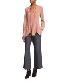 Long-Sleeve Scalloped-Hem Blouse, Pomegranate/Multi