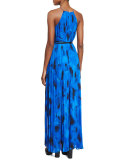Sleeveless Floral-Print Pleated Gown, Lapis