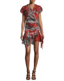 Cap-Sleeve Printed Wrap Dress, Red Pattern