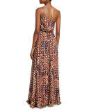 Silk One-Shoulder Paisley Column Gown, Kennedy