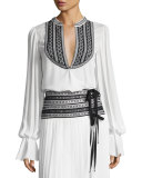 Embroidered Long-Sleeve Wrap Blouse, White/Black