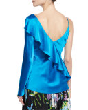 Satin Asymmetric Ruffle Blouse, Turquoise