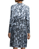 Long-Sleeve Floral-Print Jersey Dress, Black/White