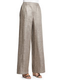 Flat-Front Wide-Leg Linen Trousers, Hessian