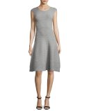 Cap-Sleeve Geometric-Textured Fit-&-Flare Dress, Gray