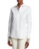 Poplin Blouse w/Scalloped Lace Cuffs, White