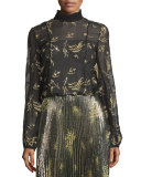 Long-Sleeve Sheer Floral Silk Chiffon Top, Black/Gold