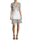 Short-Sleeve Graphic Flounce Dress, White