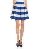 Striped Pleated A-Line Skirt, Natural/Navy