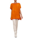 Short-Sleeve Suede Tunic Blouse, Karminspint