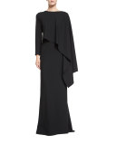 Long-Sleeve Draped Column Gown, Black