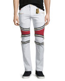 Contrast-Panel Moto Denim Jeans, White