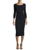 3/4-Sleeve Ribbed Knit Midi Dress, Black