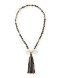 Long Beaded Gray Druzy & Agate Necklace w/Leather Tassel