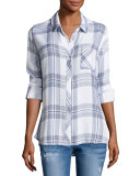 Hunter Plaid Long-Sleeve Shirt, White/Indigo Melange
