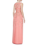 Floral-Embellished Sleeveless V-Neck Gown, Shell Pink