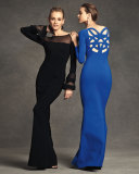 Long-Sleeve Woven-Back Ponte Gown, Cobalt