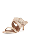 Mora Buckle Kitten-Heel Slide Sandal, Light Gold