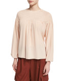 Long-Sleeve Smocked Silk Top, Apricot
