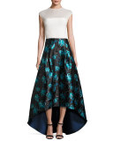 Floral Jacquard High-Low Ball Skirt, Blue Topaz