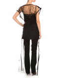 Bateau-Neck Embroidered Long Tunic, Black