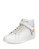 Leather Harness Mid-Top Sneaker with Gold Medallion, White