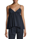 Rosette Sleeveless Ruffled Gabardine Top, Navy