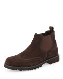 Suede Wing-Tip Chelsea Boot, Brown