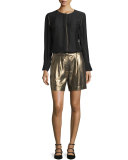 Paxton Single-Pleat Lamé Shorts, Gold
