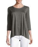 Beaded-Trim Jersey 3/4-Sleeve Tee, Gray