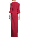 3/4-Sleeve Ponte Column Gown, Red