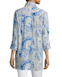 3/4-Sleeve Button-Front Printed Shirt, Blue Multi