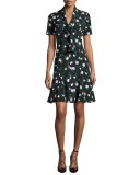 Garden Party Short-Sleeve Tie-Front Dress, Black/Green/White