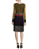 Pleated Intarsia-Knit Long-Sleeve Dress, Gold/Purple