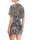 Abstract-Print Kimono Coverup W/Mesh Inset, Black/White 