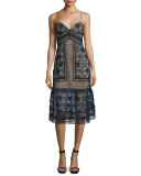 Sleeveless Mixed-Lace Midi Dress, Navy/Black/Nude